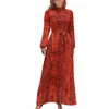 Casual jurken Red Snakeskin print jurk lange mouw retro dier elegante maxi hoge taille esthetisch ontwerp bohemia lang cadeau