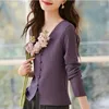 Blusas femininas 2024 Summer Summer Loose Office Casual Lady Lady Retro Style -Coreano Camisa de moda elegante Solid V pescoço de manga longa y2k tops chiques