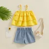 Clothing Sets Kid Clothes Girls Summer 2PCS Outfits Yellow Tiered Ruffle Camisole Daisy Print Denim Shorts Children's