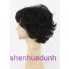 Mens short curly set with oblique bangs hair dark brown black fluffy wig