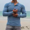 Camisetas masculinas Crew masculino Crew de pescoço abotoado top Spring outono de manga longa Pullover básico masculina roupa simples cor sólida magra