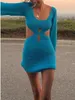 Casual jurken dames haakjes gebreide jurk met lange mouwen holle out kijken door cover up mini sexy uitsparingen bodycone bodycon