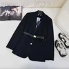 Women's Suits & Blazers Designer Early Spring Loose Suit Coat Classic Triangle Decoration Pocket Standing Neck Tie Top RKEX