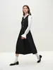 Casual Dresses FSLE V-Neck Patchwork Design Women Long Black Office Lady 2024 Winter Twill Thicken Mid-Length Dress