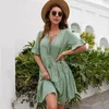 Casual Dresses Women's Summer V-ringning Solid Cake Short Sleeve Flowy Swing Mini Boho Korean Style Beach Party Daily Wear