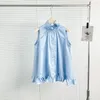 Kvinnors T -skjortor Tidig vårhalsring Lace Design Romantisk atmosfär Känsla för temperament Elegant Pleated Decorative Sleeveless Blue