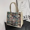 Fashion shopper tote bag horizontal printed canvas handbag woman luxury handbag canvas linen Beach big Travel shopping bag02