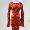 Casual Dresses High Quality 2024 Spring Summer Silk Black Pure Blue Red Floral Print Long Flare Sleeve Sexy Slim Midi Dress