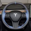 Tesla Modle3 Modley 2019-2023 Car Interior DIY Hand-Stitched Red Red Ungine LeatherNonslip Car Steering Wheelカバーに100％フィット