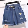 Damesshorts Vintage Lacing Onregelmatige shorts Zomer Nieuwe elastische taille Solid kleur losse jeugd breedbeenbroek Casual mode Vrouwen kleding D240426