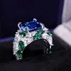 Кластерные кольца Wuiha Solid 925 Серебряная серебряная принцесса Cut Aquamarine создал Moissanite Emerald Gemstone Свадебное обручальное обручальное обручальное кольцо