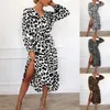 Casual Dresses Sexy Leopard Shirt For Women Spring Summer Long Sleeve V Neck Wrap Maxi Dress Elegant Office Lady Party Midi Robe