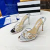 Aquazzura Rhinestone PVC Mules Slipper Stiletto Heel Flat Sandals Crystal Open Toes High Heels Shoes Schoenen Womens Luxury Designer Slipper Muller Flat Slippers