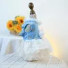 Hundebekleidung Spitze Bugnetz Kleid kleine Kleidung süße Schnürung Kleidung Katze Kawaii Blue Blumal Design süßes Kostüm Haustierprodukte