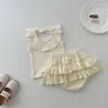 Clothing Sets Summer Girl Children Backless Sleeveless Lotus Collar Tops Princess Shorts 2pcs Infant Solid Ribbed Vest Set Kid Cotton