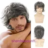 Wig Mens Bandband Style Golden Upwned Courte bouclée Coiffure inclinée Bangs de fibre synthétique de 12 pouces