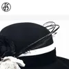 fs大きな黒い帽子の広いリムフェドーラ帽子女性ウールフェルト秋の冬の教会ボウラークロッシュフラワーズソムブレロフェム240423