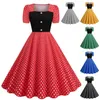 L Womens Hepburn Square Collar Kort ärm stor svängpolka dot retro klänning