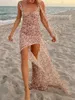 Lässige Kleider Fufucaillm Frauen Spaghetti -Gurt ärmellose Bodycon Long Dress Blumendruck Rückenfreier Schnittausschnitt Hoch geteiltes Strand