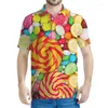 Polos masculinos coloridos lollipop padrão pólo Men 3d Candy estampado de manga curta camisetas infantis de verão harajuku tops de botão de botão de botão