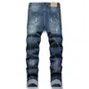 Mäns jeans 2024 Nya retro tårar jeans män tvättar blå elastisk ultratunna denim byxor patch mode färg prickar hip hop mens trusersl244