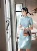 エスニック服は改善されたヴィンテージコットンショートチョンサム中国スタイルのチェッカードレスエレガントな衣装女性スリーブ伝統的なQIPAO