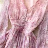 Abiti casual delicata francese in chiffon rosa floreale Donna vestito a V-Neck Summer Bubble a-line stampato