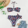 Women's Swimwear Strapless Twist Bandeau Bikini 2 Piece Cheeky Solid Lace Up Bathing Suits