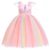 Barn Unicorn Dress for Girls Flower -applikationer Bollklänning Eleganta festdräkter Little Girl Princess Klänningar Barn Kläder 240417