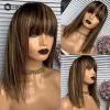 Perruques perruques Human Human Cateral Brown Highlight épaule Long Lace Lace Front Perruque avec bang ombre Bob droit Bob Cut Wigs pour les femmes américaines