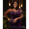 Sirène arabe aso ebi pourpre robes de bal perles satin soir fête formelle deuxième réception robes de fiançailles d'anniversaire plus taille