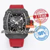 BBR 35-01 RMUL3 MEKANISK HAND-Winding Mens Watch Ntpt Carbon Fiber Case Skeleton Dial Red Flätad nylonband Super Edition Sport TrustyTime001 Watches Hombre