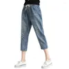 Jeans femminile estate coreano ricamato in jeans capris versatile elastico in vita Harlan Trend