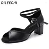 Sapatos de dança Dileechi Latin Women Black Real Leather Squure Party Ballroom Salto largo 5cm 902 Para idosos iniciantes