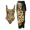 Set Fashion Gold Print Crew Cuello Swimsuit Femenino One Piece Slim Bikini Luxurious Colorblock Beach Traje elegante Correa elegante