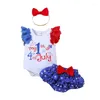 Zestawy odzieży 4 lipca Dziewczęta Baby Dziewczyny Drukuj koronkowy rękaw Rompers Bowknot Ruffles Stars Shorts Pałąk na głowę Zestaw ubrania 3PCS