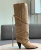 Bottes 8cm High Heel Femmes chevalier vache en daim noir kaki bandage genou à moitié bota toutes saisons street mode