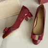 Dress Shoes designer shoes spring autumn Bright paint leather Bow Mid heels Coarser heel leather Metal buckle lady Flat boat shoe Large size 34-41-42