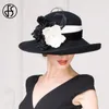 fs大きな黒い帽子の広いリムフェドーラ帽子女性ウールフェルト秋の冬の教会ボウラークロッシュフラワーズソムブレロフェム240423