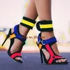 Dress Shoes Women Gorgeous Neon Yellow Pink Color Matched High Heel Sandals Buckle Strap Pumps Metal Decoration Stiletto Heels