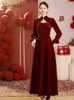 Casual jurken Chinese stijl toast jurk bruid cheongsam herfst/winter 2024 verloving met lange mouwen winter rode bruiloft voor vrouwen