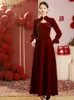 Lässige Kleider chinesischer Stil Toast Kleid Braut Cheongsam Herbst/Winter 2024 Engagement Langarmed Winter Rote Hochzeit für Frauen