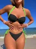 Kvinnors badkläder 2024 Sexig svart lapptäcke Bikini Set Kvinnor Halter Push Up Underwire Micro Swimsuit Cut Out Bathing Sy Tie Side Thong Badkläder