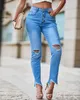 Женские джинсы мода лето повседневная ежедневная джинсовая джинсовая джинсовая панель дизайн кармана с высокой талией разорванные штаны выреза