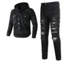 2023 Требовые костюмы Punk Street Men039s Black 2pcs Jeans Sets Spring Cooled Denim Jacket и разорванные брюки для участков Vintage MEN6179920
