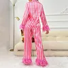 Women's Sleepwear Xingqing Satin Pajama Set Y2k Clothes Women Pink Striped Single Breasted Shirt Top With Feather Trim And Long Pants