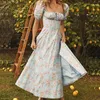 Womens Long Skirt Summer Short Sleeve French Style Fresh Floral Square Collar Dress