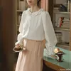 Damesblouses katoen chic Korea schattig poppen shirt ontwerp vrouwen Japan meisjes zoete vintage retro lange mouw witte kanten ruches tops
