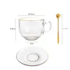 Tazze creative colazione in vetro in vetro da tè latte da tè tazze trasparenti oro piatto pesante con tazza di tazza con manico a cucchiaio mescolante bevande
