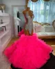 Party Dresses Fuchsia Pink Sparkly Long Evening Pageant Ceremony for Black Girl 2024 Luxury Diamond Sheer Prom Birthday Gala Dress